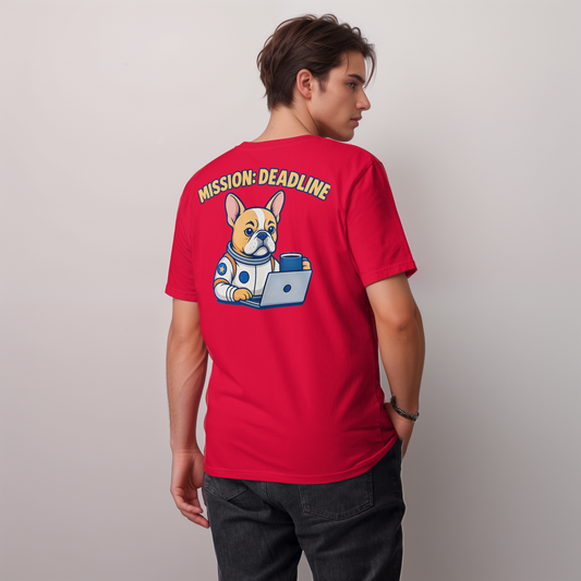 Mission: Deadline – Unisex T-Shirt aus Bio-Baumwolle mit Astronaut-Frenchie